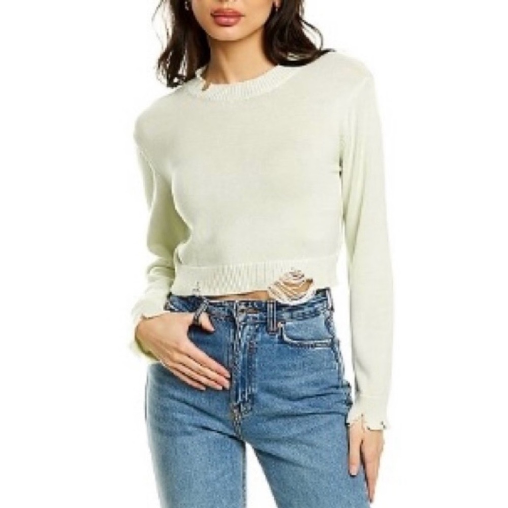 525 America Sweater Women’s XS Distressed Cropped White Knit Long Sleeve NWT